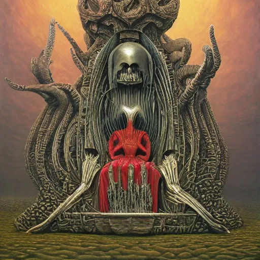 Image similar to HER THRONE by jacek yerka, alex gray, zdzisław beksiński, dariusz zawadzki, jeffrey smith and h.r. giger, oil on canvas, 8k highly professionally detailed, trending on artstation