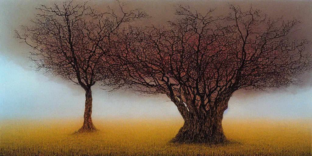 Prompt: lightning strikes a tree in the middle of a field, painting By Zdzislaw Beksinski ,