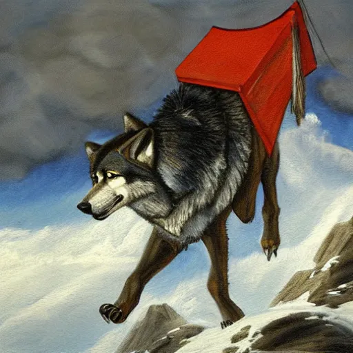 Prompt: a painting of a wolf hauling on top of a mountain