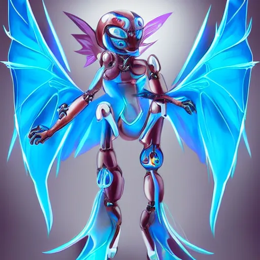 Prompt: cute anthropomorphic female robot dragon doing an elegant pose, has two adorable blue eyes, with two big epic wings behind her, two arms that have sharp claws, two legs, a long tail behind her; high quality digital art, artstation, deviantart, furaffinity