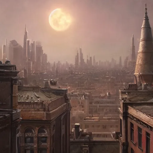 Image similar to an intricate, detailed matte painting of a rooftop in the city that has many aerials and structures on top with a huge, realistic moon in the background, dramatic lighting, 4k, trending on artstation, by Greg Rutkowski