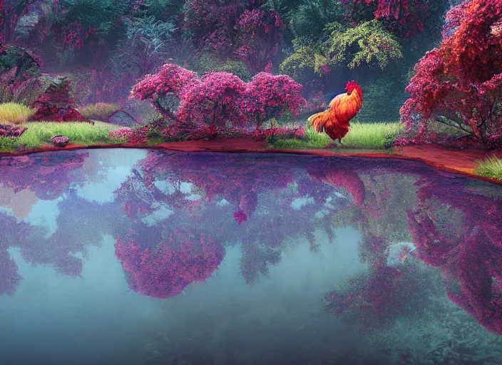 Prompt: soft painting large rooster reflection refraction world synthwave ruins ponds alien vegetation, accurate features, focus, very intricate ultrafine details, black autumn, dense fog, award winning masterpiece, octane render 8 k hd, fantasy