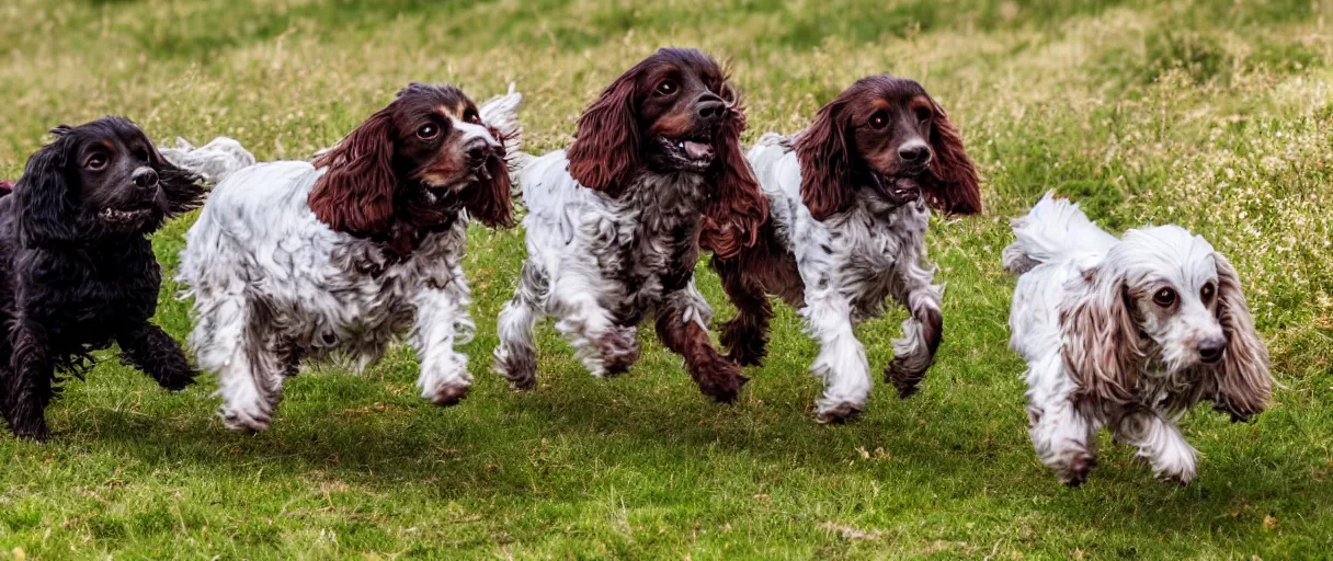 Prompt: Two spaniel dogs running, one very light brown spaniel dog white hair chest and one is a black spaniel dog with white hair chest running in a meadow low angle realism coherent focus epic background 4k