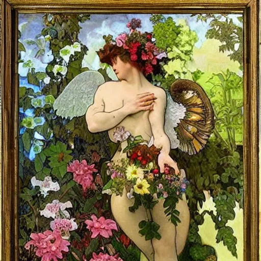 Prompt: an oil painting of a handsome garden angel with majestic wings standing in front of a cottage by arcimboldo and alphonse mucha and thomas kincade