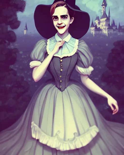 Image similar to beautiful full body Emma Watson goofy smiling dressed in victorian style fashion, photographic castle gardens background illustration by lois van baarle and loish and ross tran and rossdraws and sam yang and samdoesarts and artgerm, digital art, highly detailed, intricate, sharp focus, Trending on Artstation HQ, deviantart