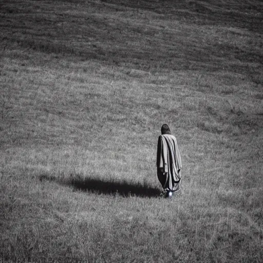 Prompt: old prophet wandering about a meadow. direct overhead sunlight. harsh shadows. aperture 1 6. iso 1 0 0. midday.