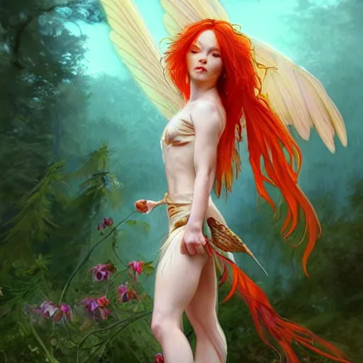 Image similar to beautiful natural fairy winged redhead martial artist fantasy fairy cute karate fey fae muscular body fairy summer spring seasons cruel bloody killer, kung fu, vivid colors, intricate, elegant, highly detailed, digital painting, artstation, concept art, smooth, sharp focus, illustration, art by artgerm and greg rutkowski and alphonse mucha and loish and wlop