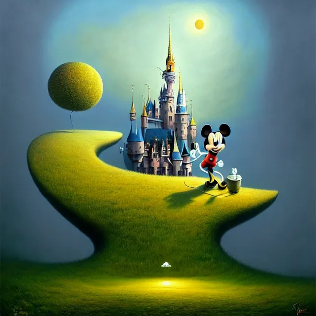 Image similar to gediminas pranckevicius an oil on canvas portrait painting of mickey mouse, surrealism, surrealist, cosmic horror, rob gonsalves, high detail fantastic world castle happy place, volumetric light godray