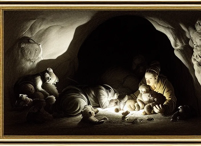 Image similar to Pieter Claesz's 'bear and her cubs sleeping in a dark cave lit by campfire', night time, cross hatching, framed