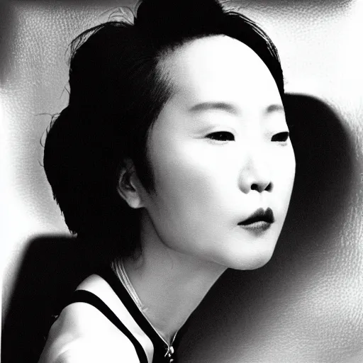 Prompt: photo of Anita Mui by Diane Arbus, extreme closeup, black and white, high contrast, Rolleiflex, 55mm f/4 lens