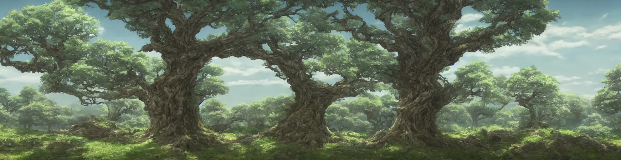 Prompt: a landscape of a single ancient oak tree, castle in the sky, animated, anime, illustrated, vibrant, overgrown, by kazuo oga, anime on artstation