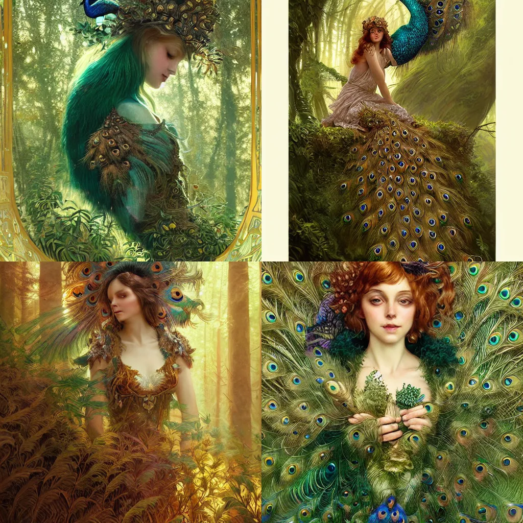 Prompt: peacock fairy in ferns, symmetrical face, great forest, golden hour, fantasy, intricate, elegant, highly detailed, digital painting, artstation, concept art, smooth, sharp focus, illustration, art by Krenz Cushart and Artem Demura and alphonse mucha