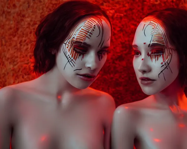 Image similar to a film still of two synthetic female human oracles wrapped in white cloth, beautiful, tribal facepaint, neotokyo, cinematic lighting, 3 5 mm, high resolution, 4 k