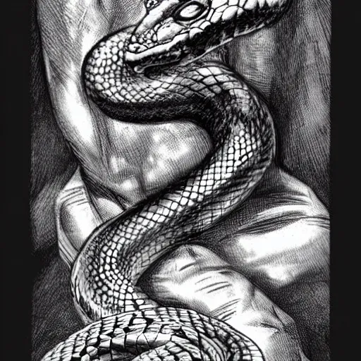 Image similar to a snake with a human face and human arms, serpent, kentaro miura art style