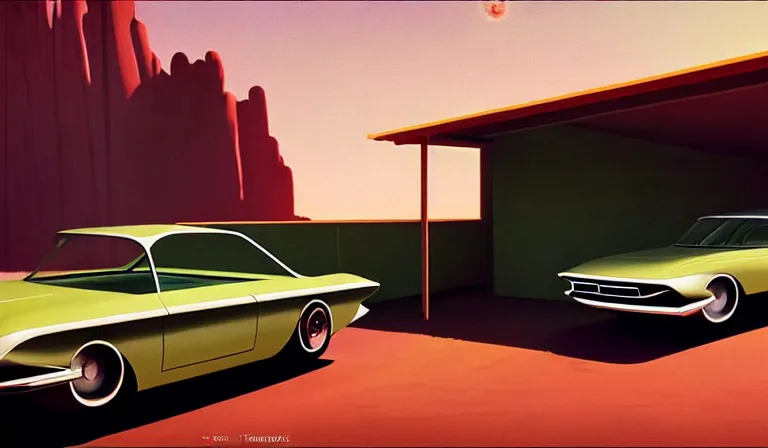 Image similar to a cinematic matte painting of a sleek 1 9 6 0 s vaporwave retro - futurism sci - fi car in a cluttered garage in the american southwest. cactus. by eric lafforgue, glennray tutor and edward hopper, greg rutkowski. trending on artstation.