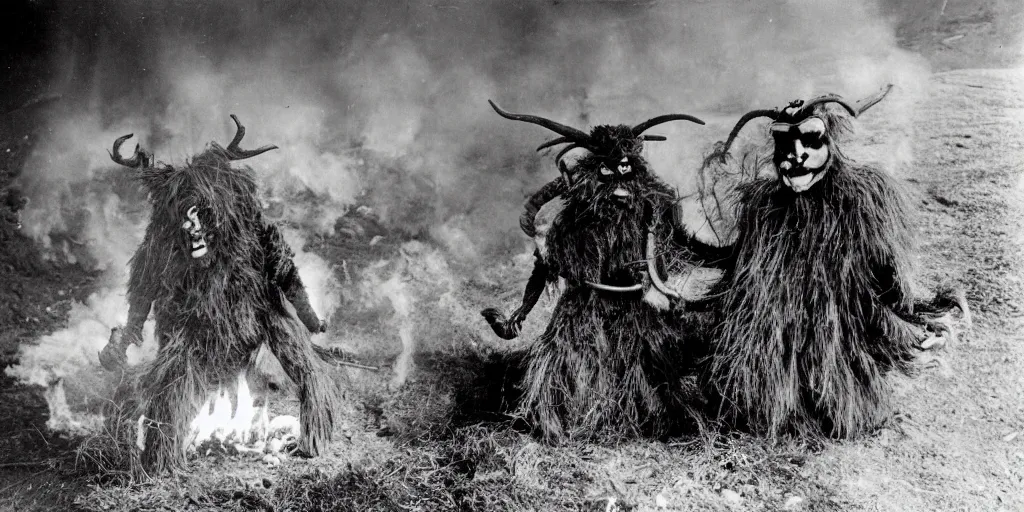 Image similar to 1 9 2 0 s photography of krampus hay monster burning, dolomites