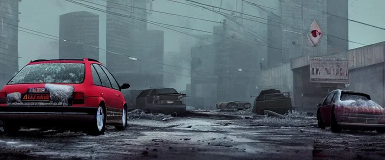 Image similar to Audi A4 B6 Avant (2002), a gritty neo-noir, dramatic lighting, cinematic, eerie person, death, homicide, homicide in the snow, gunshots, establishing shot, extremely high detail, photorealistic, red fog, chaos, arson, burning city, cinematic lighting, artstation, by simon stalenhag, Max Payne (PC) (2001) winter New York at night, In the style of Max Payne 1 graphic novel, flashing lights, Poets of the Fall - Late Goodbye