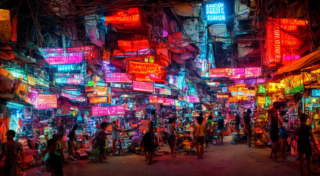 Image similar to Cyberpunk Market, futuristic Phnom-Penh Cambodia, neon lighting
