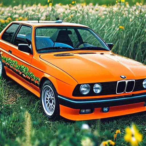 Image similar to photorealistic image of orange bmw e 3 0 m 3 in a field of flowers, picture taken from below