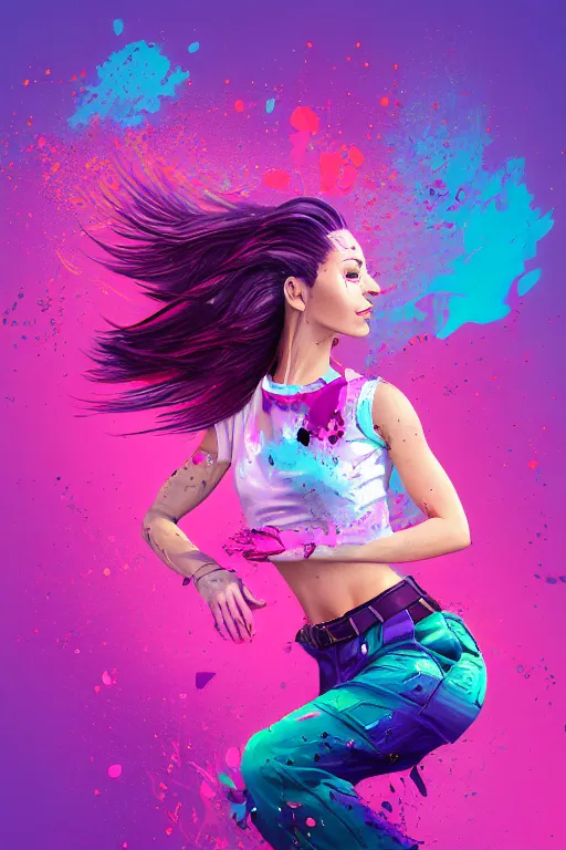 Image similar to a award winning half body porttrait of a beautiful woman in a croptop and cargo pants with ombre purple pink teal hairstyle with head in motion and hair flying, paint splashes, splatter, outrun, vaporware, shaded flat illustration, digital art, trending on artstation, highly detailed, fine detail, intricate