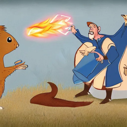 Prompt: A digital illustration of a wizard casting his most powerfull spell against a squirrel, point of view of the squirrel