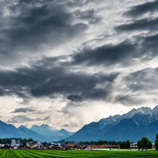 Prompt: munich against a background of mountains with heavy clouds cinematic still 4 k