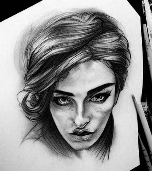 Image similar to amazing blend effect on a beautiful woman face and mighty mountains, tattoo design sketch, hyper - realistic, in the style of matteo pasqualin, amazing detail, black and white