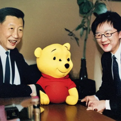 Image similar to polaroid photograph and ccp president xi jing ping pictured with winnie the pooh