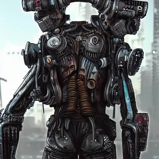 Image similar to cyberpunk back - alley prosthetic dealer, sketchy, scary abomination, demon robot, 8 k, highly detailed, photorealism