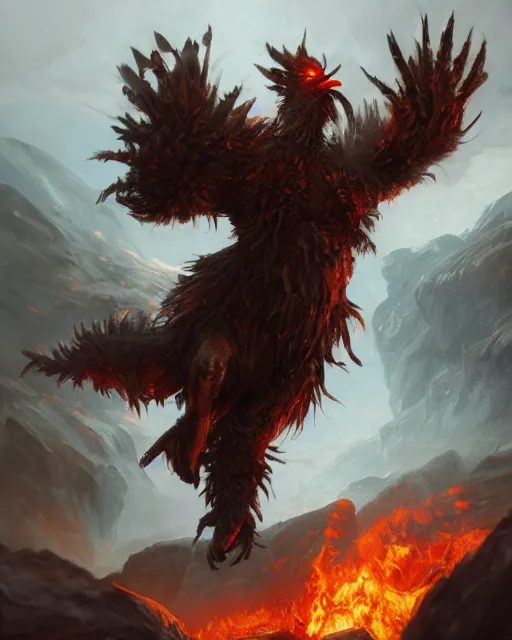 Image similar to oil painting of Angry Anthropomorphized Chicken Berserker, wearing fur armor, claws, sharp focus, attack pose, fantasy style, octane render, volumetric lighting, 8k high definition, by greg rutkowski, highly detailed, trending on art Station, magic the gathering artwork, burning Battlefield background, centered