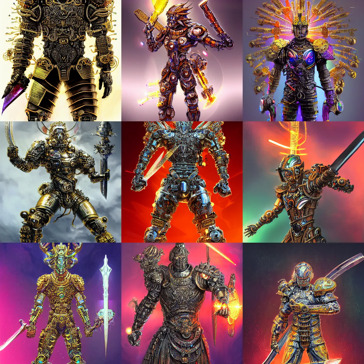 Prompt: A warrior god wearing a partially cybernetic body brandishing a powerful sword, concept art, intricate futurism, scifi, intricate armor encrusted in iridescent microchips and ornate precious colorful crystals, highly detailed cybernetic body, iridescent, vivid colors, digital painting, gold sparks, artstation, concept art, smooth, sharp focus, illustration, award winning on artstation