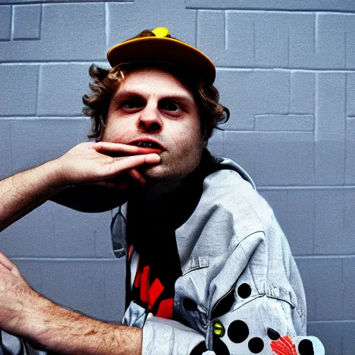 Image similar to mac demarco in a retrofuturistic city, retro futuristic fashion, photography award winning,