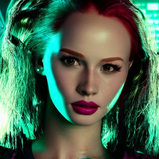 Image similar to madelaine petsch portrait, cyberpunk 2 0 7 7, cyberpunk judy alvarez, photorealistic, ultra detailed, neon, octane, bokeh, cinematic lighting, cyber, cyberpunk city, studio quality, feature, scars, cyberface, 8 k