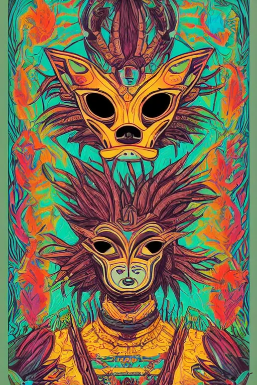 Image similar to animal mask totem roots flower tribal feather gemstone plant wood rock shaman vodoo video game vector cutout illustration vivid multicolor borderlands comics by josan gonzales and dan mumford radiating a glowing aura