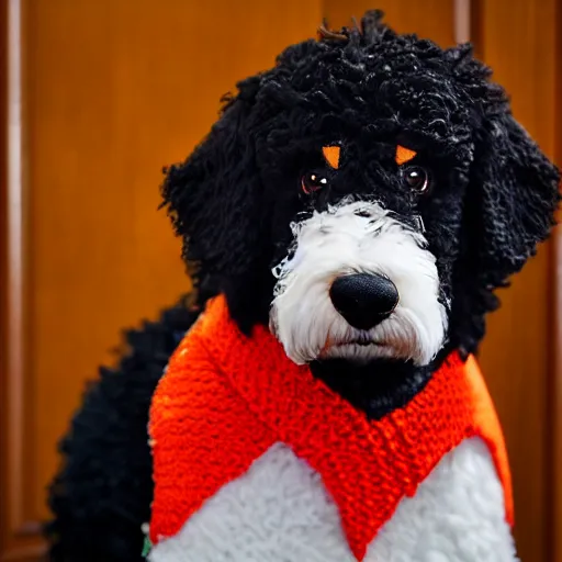 Image similar to a closeup photorealistic photograph of a cute smiling knitted bernedoodle judge dog dressed in a black gown, presiding over the courthouse. indoors, professional capture, well lit shot. this 4 k hd image is trending on artstation, featured on behance, well - rendered, extra crisp, features intricate detail, epic composition and the style of unreal engine.