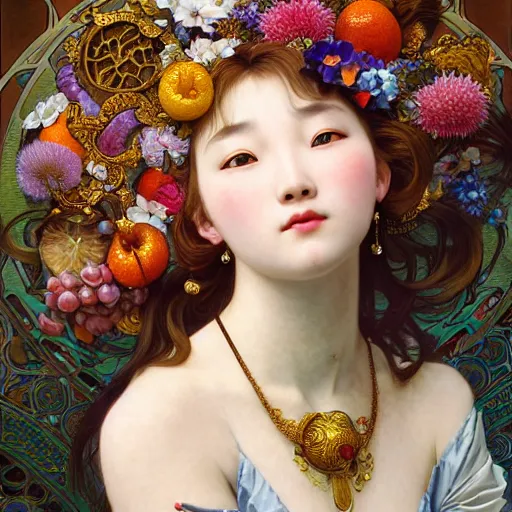 Image similar to a masterpiece ultrarealistic ultradetailed portrait of beautiful love fishmonger jewelry genius girl on fruits street market baroque renaissance. medium shot, intricate, elegant, by stanley artgerm lau, wlop, alphonse mucha, rossdraws, andrei riabovitchev, yoshitaka amano. flower background my james jeand and takashi murakami.