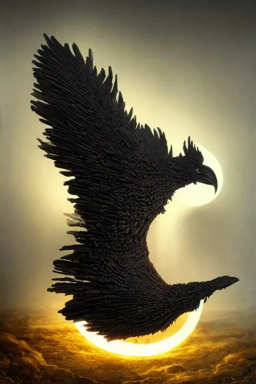 Image similar to Intricate stunning highly detailed raven by agostino arrivabene and Vladimir Kush, surreal metal sculpture, ultra realistic, Horror, dramatic lighting, full moon, blood moon, thick black swirling smoke tornado, burning fire embers, artstation