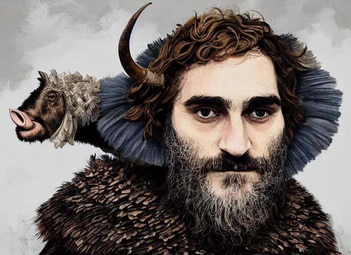 Image similar to digital painting of joaquin phoenix wearing armor made of animals, cow horns, pig nose, sheep wool, chicken feather armor, majestic, by anna podedworna and miklos ligeti, diego maricato, taran fiddler, antonino truisi, chris reddie, jinsung lim, on artstation