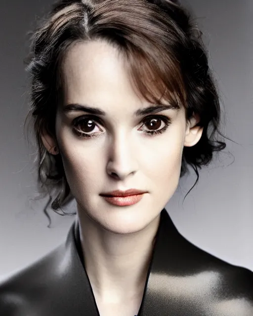 Image similar to beautiful young winona ryder wearing a futuristic metal kimono, half body portrait, greg kutkowski, sharp details, soft lighting, subsurface scattering, pearls of sweat, glistening skin, warm lighting