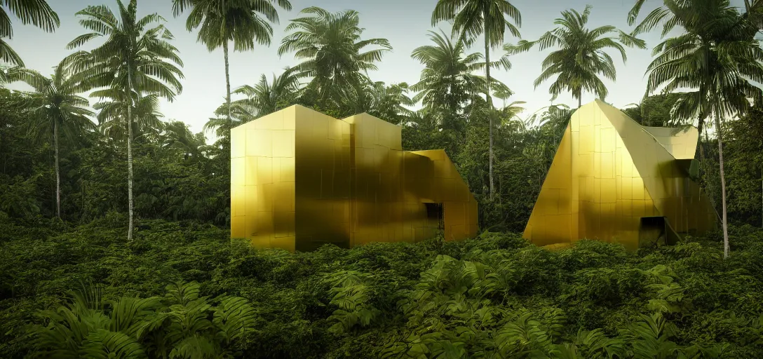 Prompt: futuristic shinny golden building camouflaged in the amazonian jungle landscape of a solarpunk world by alvar aalto, golden roads by le corbusier, movie poster, golden ratio, at dusk lighting, evening lighting, reflections and refractions, film still, hyper realistic, octane render redshift arnold materials unreal engine, 8 k, post production, hyper detailed