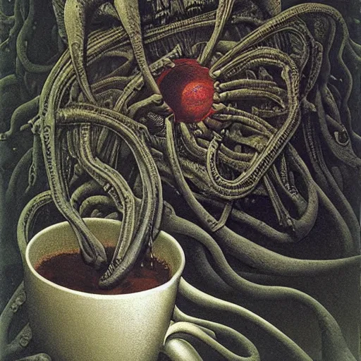 Prompt: eldritch lovecraftian steaming cup of coffee, sci-fi horror, Zdzisław Beksiński, H. R. Giger, Francis Bacon