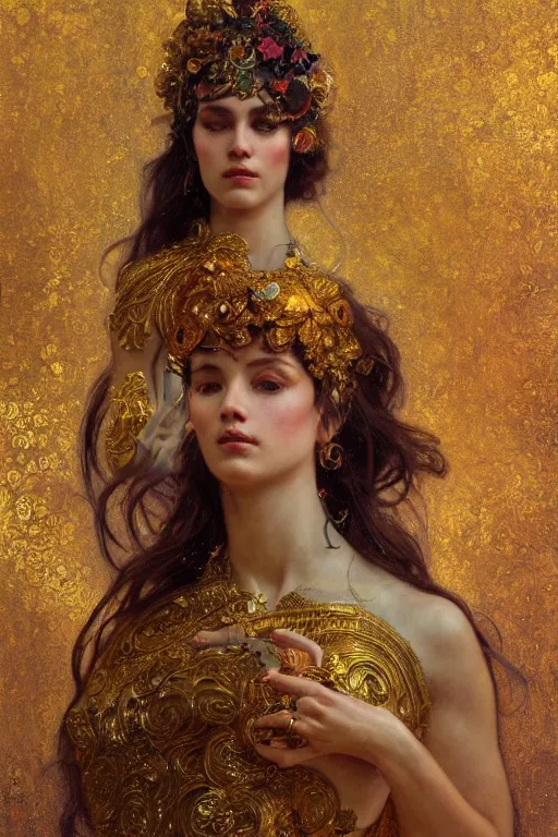 Prompt: an intricate artistic pose painting of a beautiful young goddess with an artistic sensual pose with klimt golden motives and textures, hyper detailed, ornamental gold headpiece, octane render, vivid colors, artstation, by jeremy mann, by alphonse mucha, by boris vallejo