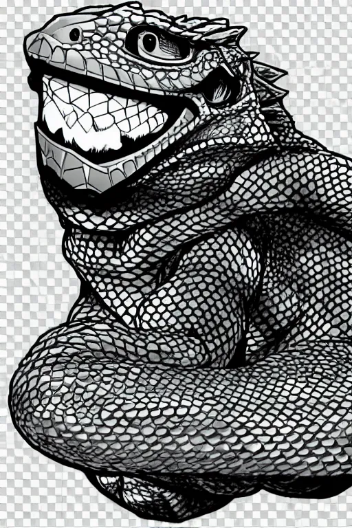 Image similar to bearded dragon grogu marvel comics style, gray scales, anime, hd,