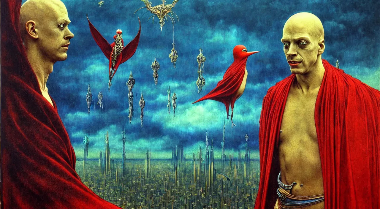 Image similar to realistic detailed portrait movie shot of a birdman wearing dark robes, sci fi city landscape background by denis villeneuve, amano, yves tanguy, alphonse mucha, ernst haeckel, max ernst, roger dean, masterpiece, rich moody colours, blue eyes, occult