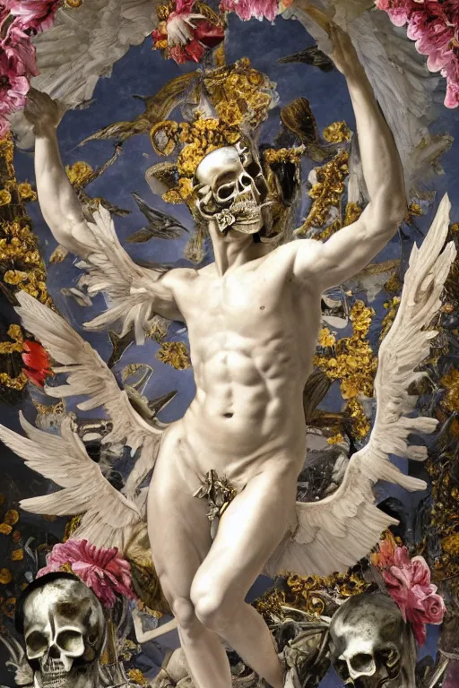 Image similar to A flying icarus reaching for the sun with a skull mask and wings as a Greek sculpture, quartz crystal skull, wreath of flowers and abstract milky quartz eyes, many large flying monster eyes, flowing sakura silk, fabric, flowers. baroque elements, human skull. full-length view. baroque element. intricate artwork by caravaggio. many many birds birds on background. Trending on artstation. halo. octane render, cinematic, hyper realism, octane render, 8k, depth of field, 3D