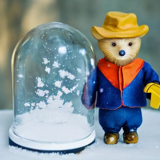 Prompt: Paddington Bear trapped in a snow globe