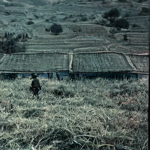 Image similar to film still, far view, landscape, emma watson soldier portrait close up in foreground, burning vietnam village, kodak ektachrome, blue tint expired film,