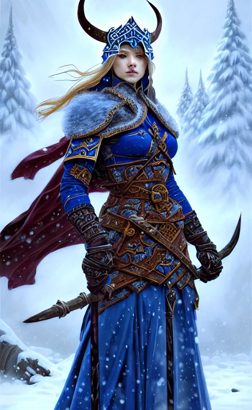 Prompt: azure viking warrior, regal, elegant, winter, snow, beautiful, stunning, hd, illustration, epic, d & d, fantasy, intricate, elegant, highly detailed, wide angle, digital painting, artstation, concept art, smooth, sharp focus, illustration, wallpaper, art by artgerm and greg rutkowski and alphonse mucha and jin xiaodi