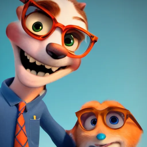 Image similar to portrait of a nerd guy happily announce new video, Pixar's Up character, 3D render,youtube thumbnail,flat background,high resolution, high quality, detailed, zootopia, cgsociety,artstation, deviantart