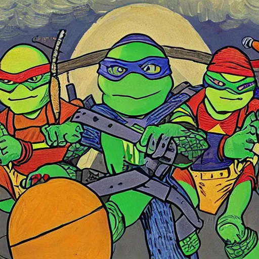 Prompt: teenage mutant ninja turtles meet the beastie boys, painted by van gogh